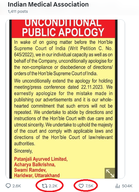 AyurvedaMonk's tweet photo. Dear @IMAIndiaOrg 

Why have you not published the Unconditional Public Apology yet despite the order of the Supreme Court? 
Do you consider yourself above @indSupremeCourt? 

When you posted @yogrishiramdev public apology, 2200 guys who retweeted it and 7500 guys who liked it were dancing like mad at that time. 
Have they forgotten to dance now when the honorable #SupremeCourtOfIndia directed you to issue a public apology ? 
When these thousands of people were abusing the entire Ayurveda world in the name of Baba Ramdev, why did you remain a silent spectator? - Shouldn't you publish a public apology for this too?

https://t.co/84exMkejLA

#Ayurveda #MedTwitter #MedX