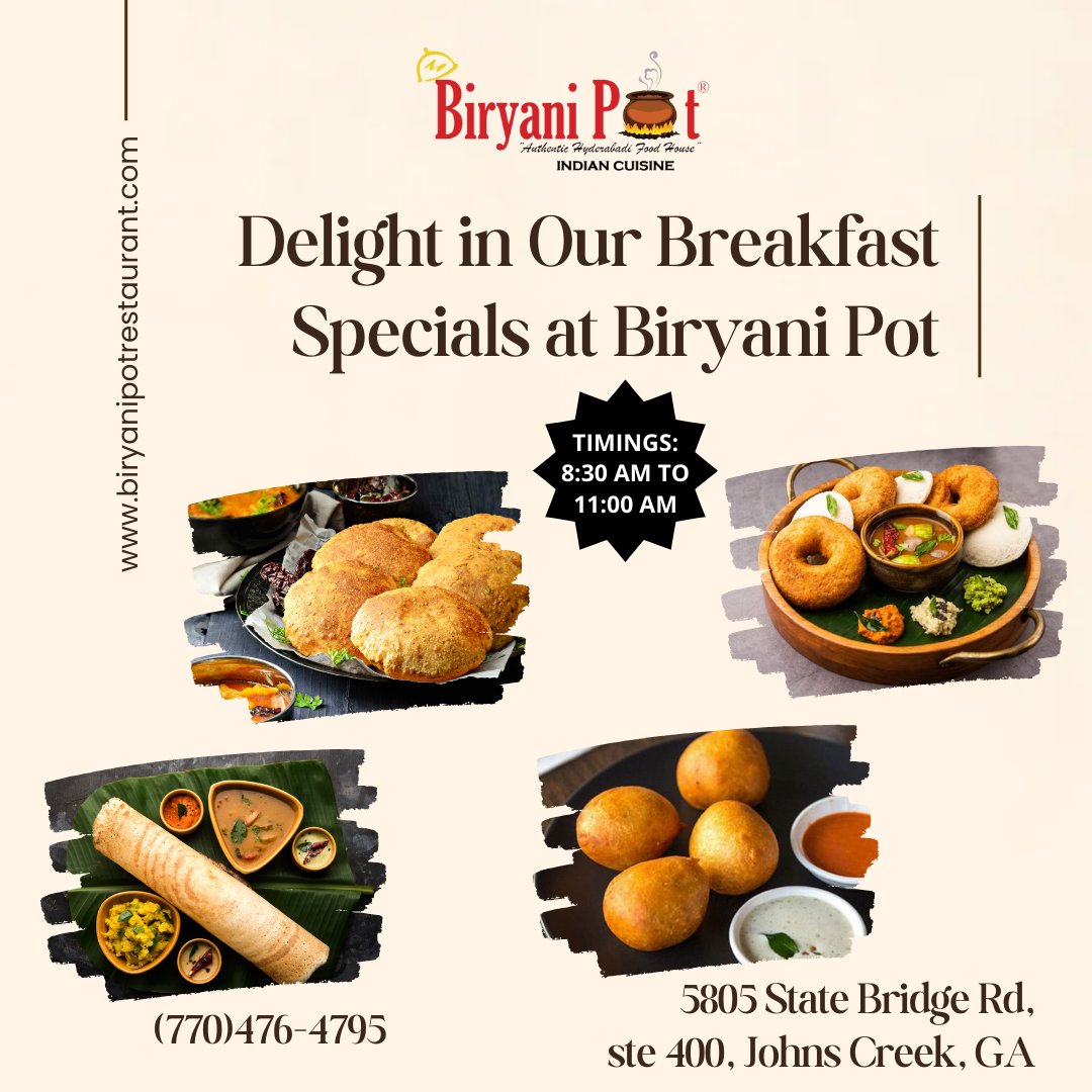Start your day with a burst of flavor! Dive into our delicious breakfast spread featuring fluffy idlis, crispy vadas, and savory dosas. Join us for a morning filled with culinary delights! 🌞🍳 #BreakfastBliss #MorningIndulgence #FlavorfulStart #biryanipot #johnscreek #cumming