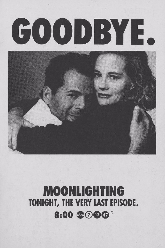On this date in 1989 “Moonlighting” starring Cybill Shepherd and Bruce Willis aired its final episode. The popular comedy-drama aired a total of 66 episodes over 6 seasons. #80s #80stv #1980s