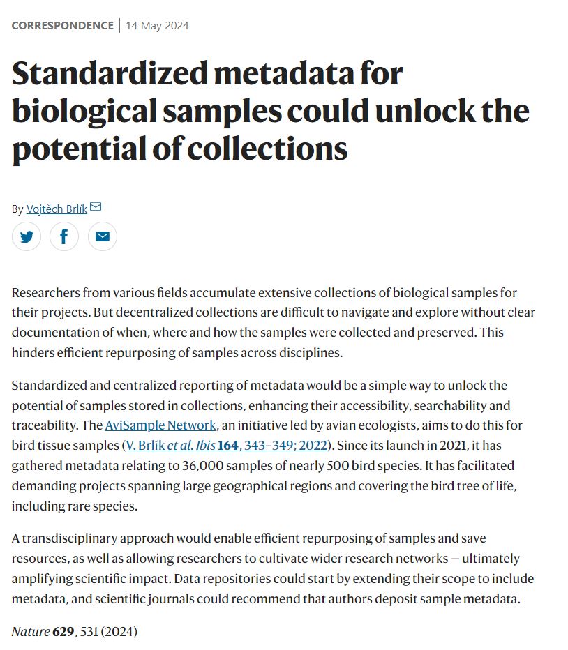 🌟 A milestone for @AviSampleNet! Standardized and centralized sharing of #sample #metadata has the potential as highlighted in @Nature. nature.com/articles/d4158… Our initiative started in @IBIS_journal and now paves the way for boosting scientific impact in #ornithology.