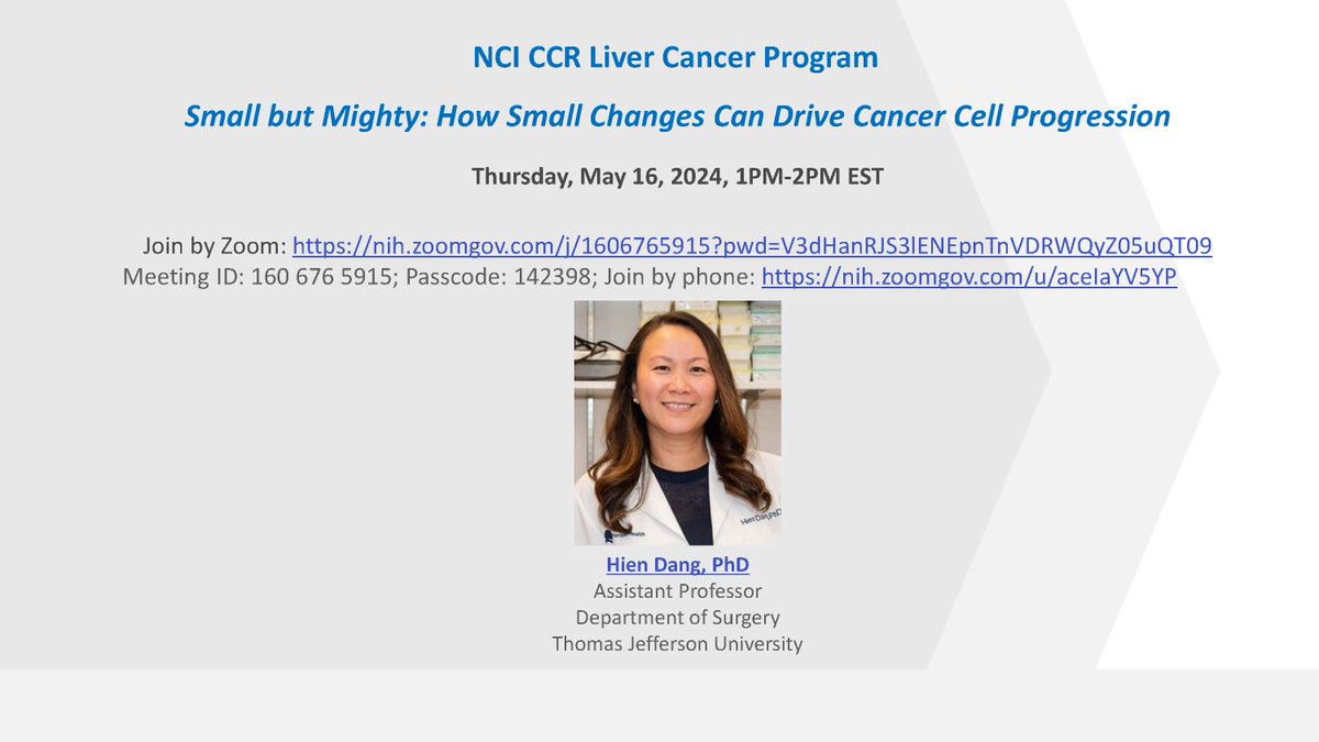 Join #NCICCRLiverProgram seminar on Thursday, May 16, 2024 at 1PM EST. @NCIResearchCtr