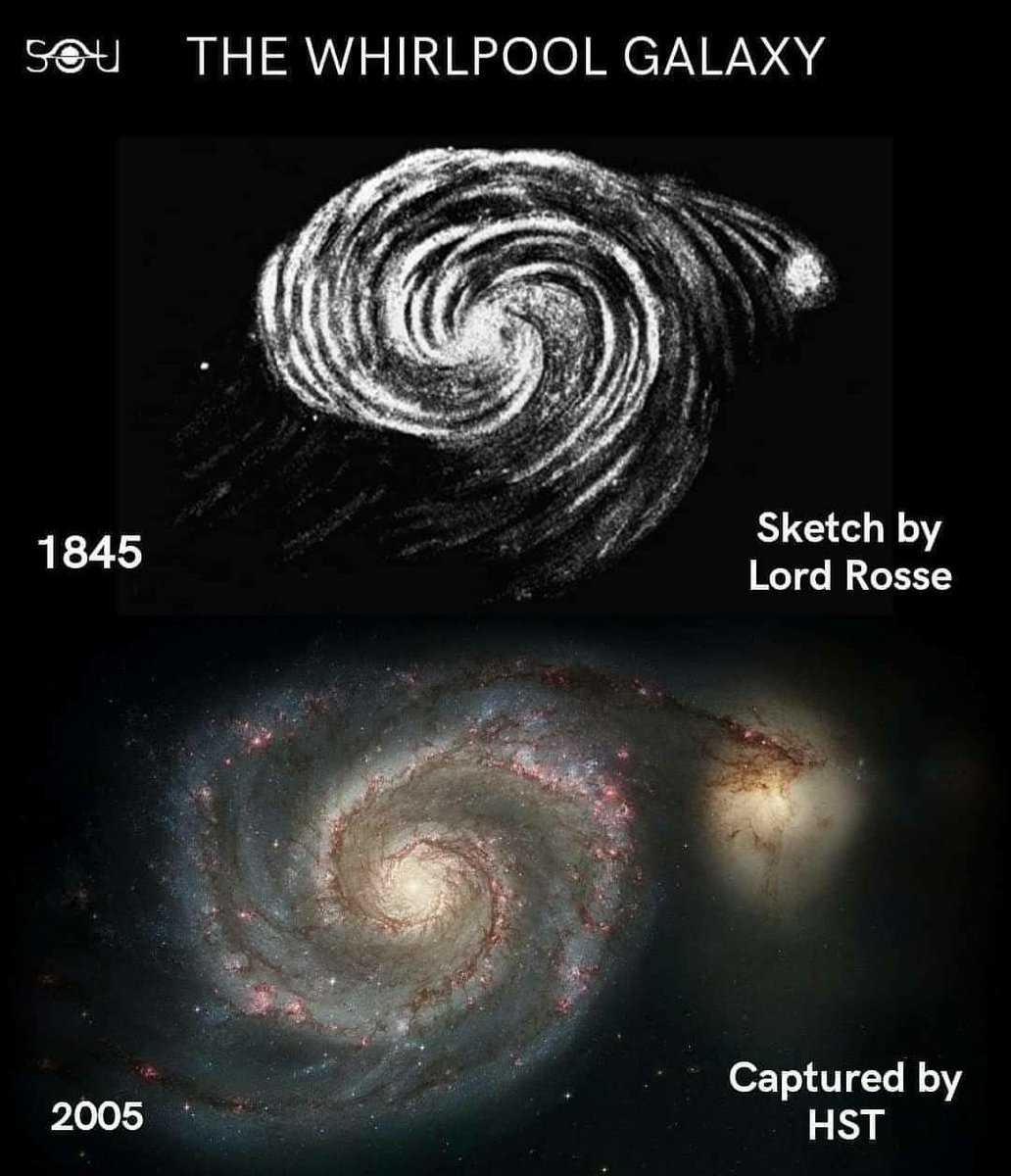 Sketch of the Whirlpool Galaxy (M51) by Lord Rosse, from 1845, and as seen by Hubble 160 years later