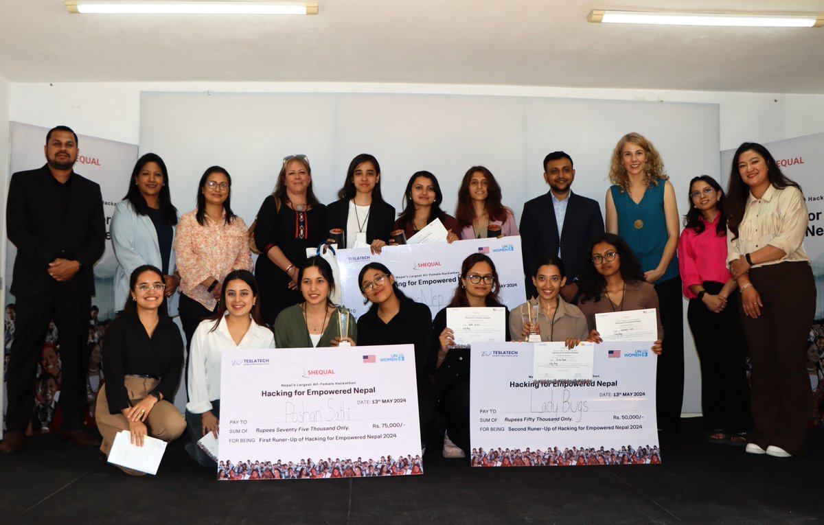 unwomennepal's tweet photo. Congratulations! 👏
We extend best wishes to participants & congratulations to winners: PhysioNep(1st),POSHAN SATHI(2nd), & Lady Bugs(3rd) of #NepalLargestAllFemaleHackathon : #HackingForEmpoweredNepal by @shequal_org #womenintech #femalehackathon
@USEmbassyNepal @UKinNepal https://t.co/Bfl9LwZbIO