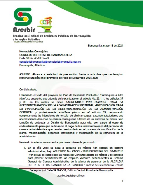 aserbir's tweet photo. Parte 1…Alcance a oficio al @Concejodebaq precaución ⚠️🚨🚨sobre artículos de #NefastaReestructuracion #NOArt2311-37-38 en Plan de Desarrollo @AlejandroChar @DNP_Colombia @PGN_COL @CGR_Colombia @DAFP_COLOMBIA @CGTCol @MintrabajoCol #TrabajoDecente @CNSCColombia https://t.co/68qIJ68UTT