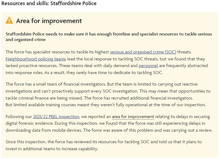 Another day, another @HMICFRS report highlighting the failings of @StaffsPFCC Ben Adams. @StaffsPolice requires improvement at tackling serious & organised crime, not helped with a complete lack of political leadership from @GullisJonathan down et al. rb.gy/273myk