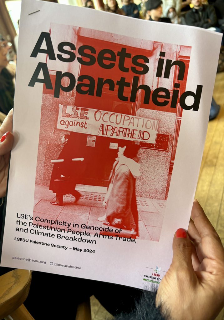 Assets in Apartheid, a report by LSE Palestine Society, is now live! The report shows that £89 million of university investments are complicit in the genocide of Palestinians, arms trade, and climate breakdown. Read here: lsepalestine.github.io/documents/LSES…