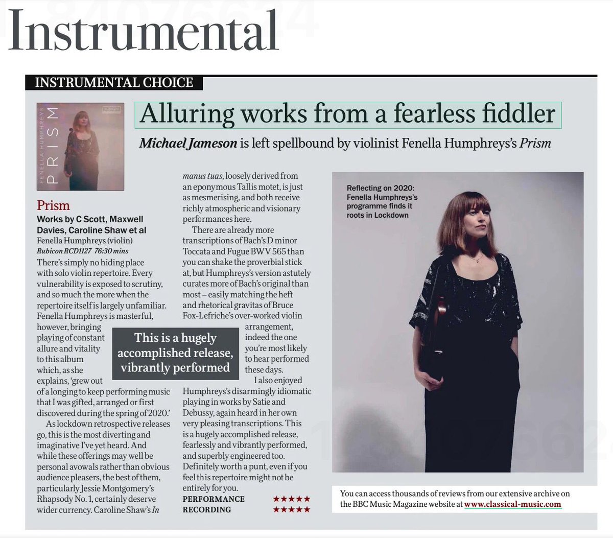 🤩❤️Not a bad way to start the day! Thank you @MusicMagazine for picking Prism as June’s Instrumental Choice! Big 🫶 to Matthew Bennett Dave Rowell & all the amazing composers & Rubicon Classics & @VWFndn etc.! I'm playing lots of the music live tonight! Debenhamchambermusic.com