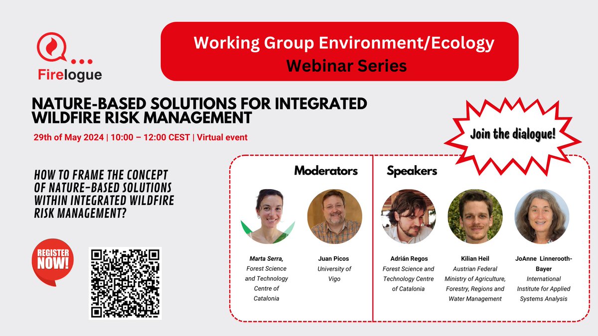 🤓Do you want to know more about Nature-based Solutions for Integrated Wildfire Risk Management? Join the next #Firelogue webinar! 💻 Virtual event 🗓️29th May from 10 to 12h CEST 👉Register here: forms.office.com/e/K4MgZc4DB1 #FireUpTheDialogue