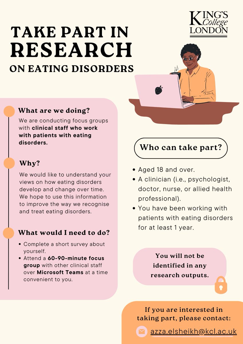 Are you a clinician working with patients with eating disorders? Please consider taking part in the below PhD/MSc research, which aims to understand more about the progression of #eatingdisorders from your perspective! Contact azza.elsheikh@kcl.ac.uk
