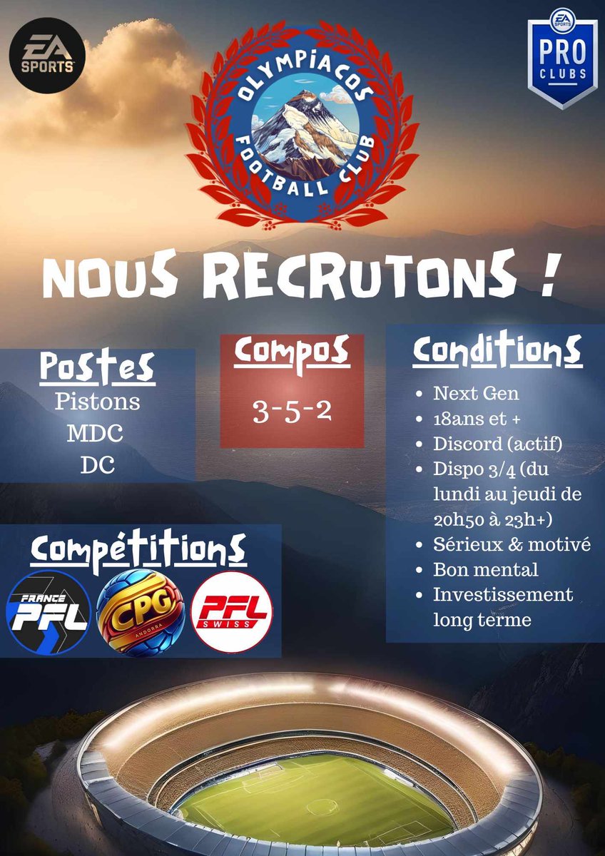 Bonjour à tous 👋

Notre club est à la recherche de F/A aux postes ci-dessous :

- DC
- MDC
- MD-MG

- Club engagé en PFL 🇨🇭& 🇫🇷, CPG 🇦🇩

📪 Premier contact directement en MP  @SlychGaming 📩

R/T apprécié 🙏

#EAFC #EA @ClubPro_FR @ClubProTV @ClubProFC @Tite__Manon @EASPORTS