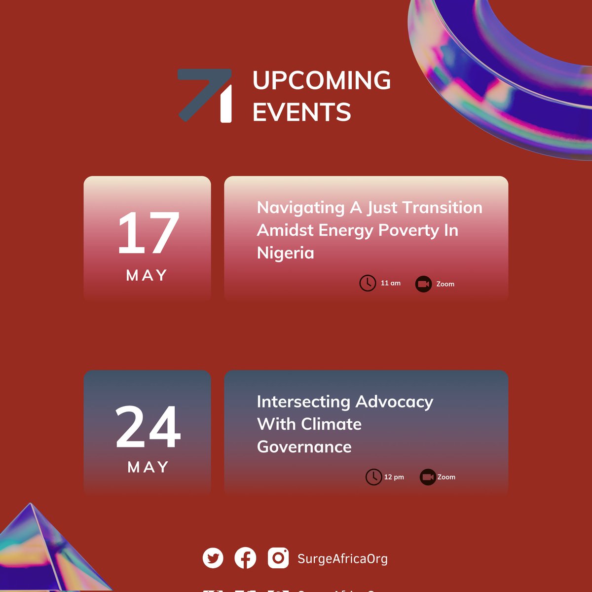 Two out of the three events we will be hosting this month.🗓️
You shouldn’t miss any of it as we will be having notable professionals in the Climate Industry share their insights. 

Register here - linktr.ee/surgeafricaorg 
Retweet to share with others.
#SurgeAfricaOrg #14thMay
