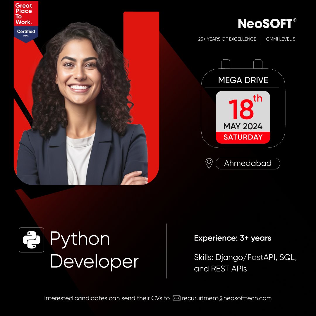 neosoftofficial's tweet image. Ready to level up your #Pythoncareer?
NeoSOFT is hosting a Mega Python Hiring Drive THIS SATURDAY, May 18th.
If you're skilled in Django/FastAPI, SQL, and REST API (with 3+ years of experience), exciting opportunities await you!