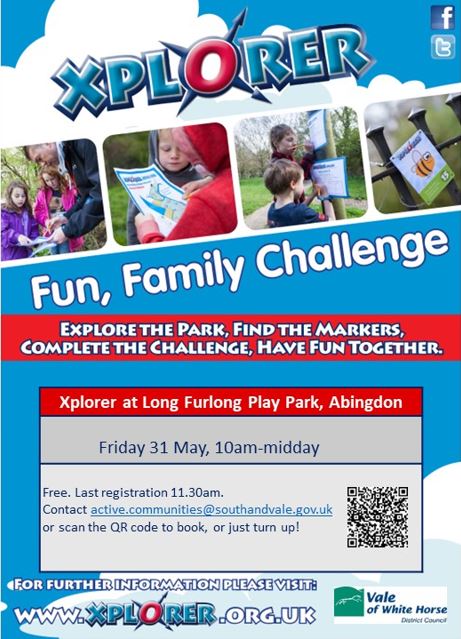 Family xplorer orienteering, aimed at preschool and primary aged children, find the markers and explore the park at this free family friendly event! Long Furlong Park, Abingdon, OX14 1XP: Fri 31 May, 10am-12pm. Children under 16 should be accompanied by an adult. See poster