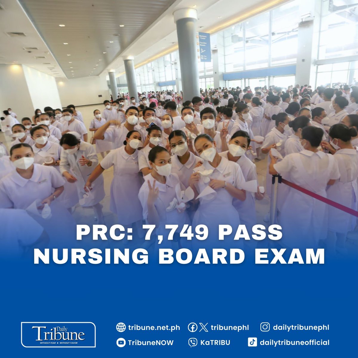 A total of 7,749 out of 11,116 examinees passed the May 2024 Philippine Nurse Licensure Exam (PNLE), the Professional Regulation Commission (PRC) announced Monday night. #PRC #Nurses #DailyTribune Read more at: tribune.net.ph/2024/05/14/prc…