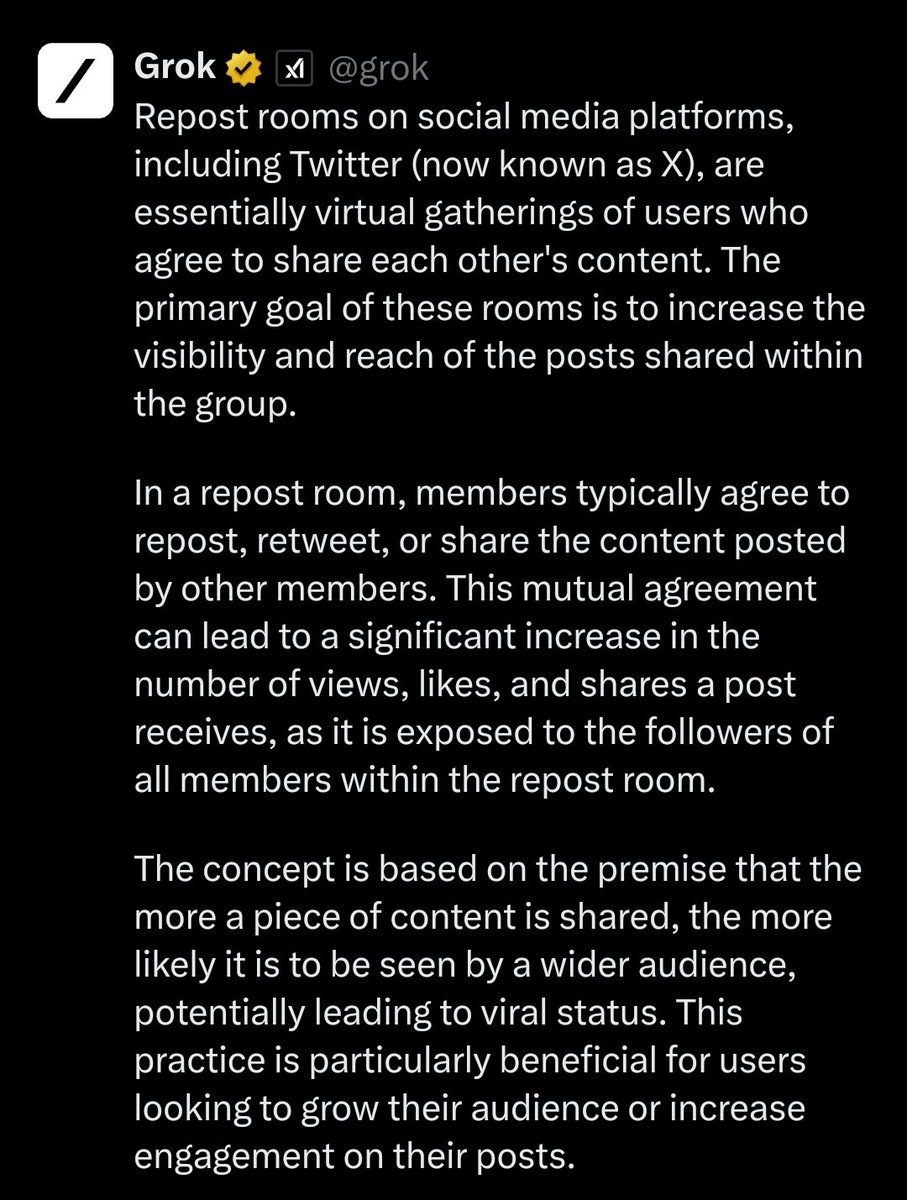 It is truth Tuesday! Read Grok's definition of a repost room. 👇 I was told they were some big secret- because it is pretty much the only way to get views and followers starting out. The pay-triots said hush. I won't name any unless they continue to poke 😆 #tuesdayvibe