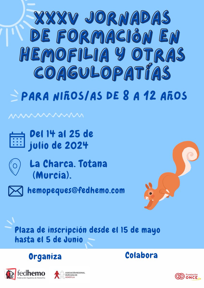 ABRIMOS INSCRIPCIONES #hemopeques2024 📅Del 14 al 25 de julio 📍Totana ( #Murcia ) 👧🧑 con #coagulopatias entre 8 a 12 años 📨 hemopeques@fedhemo.com Organiza @hemofiliamur y #Fedhemo Colabora @Fundacion_ONCE Documentación acortar.link/VMZkhg