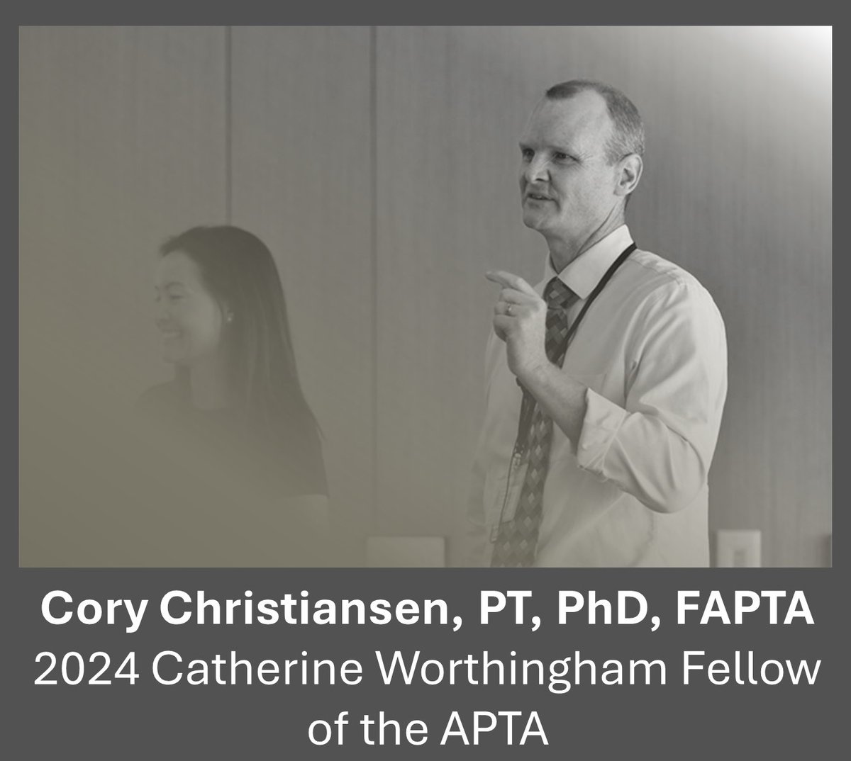 ✨Congratulations to @CUPhysTher faculty member, Cory Christiansen, PT, PhD, FAPTA, on his recognition as a 2024 Catherine Worthingham Fellow of the APTA! 

@CUMvmtScience | @Restore_Team | @VAECHCS | @VAResearch | @CURehabSci | @CUPhysMed | @CUAnschutz | @APTAtweets | @APTACO