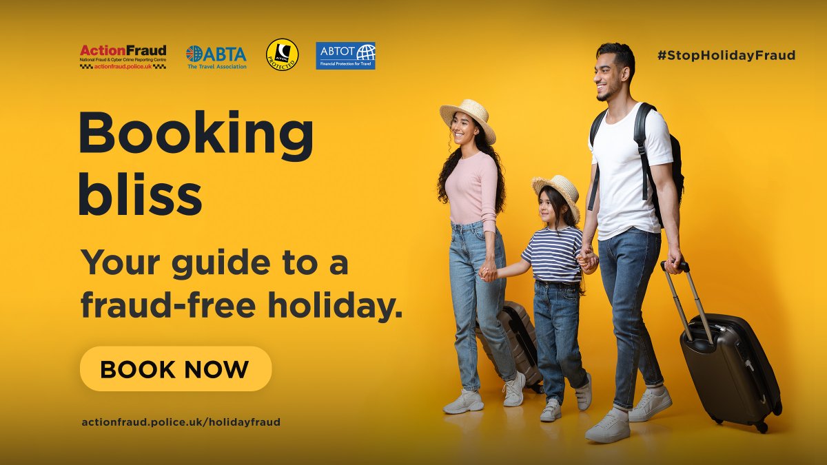 🌴 Planning your dream holiday? Don’t let fraudsters spoil your fun.☀️

Holiday fraud affected 6,640 travellers last year alone.

🔗Check out these tips on how to book your holiday 
safely: actionfraud.police.uk/holidayfraud

#StopHolidayFraud