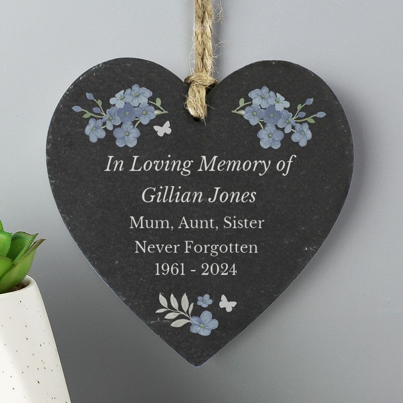 Made from beautiful slate & decorated with pretty forget-me-nots, this hanging heart decoration can be personalised with any message over the 5 lines lilybluestore.com/products/perso…

#memorial #inlovingmemory #shopindie #mhhsbd