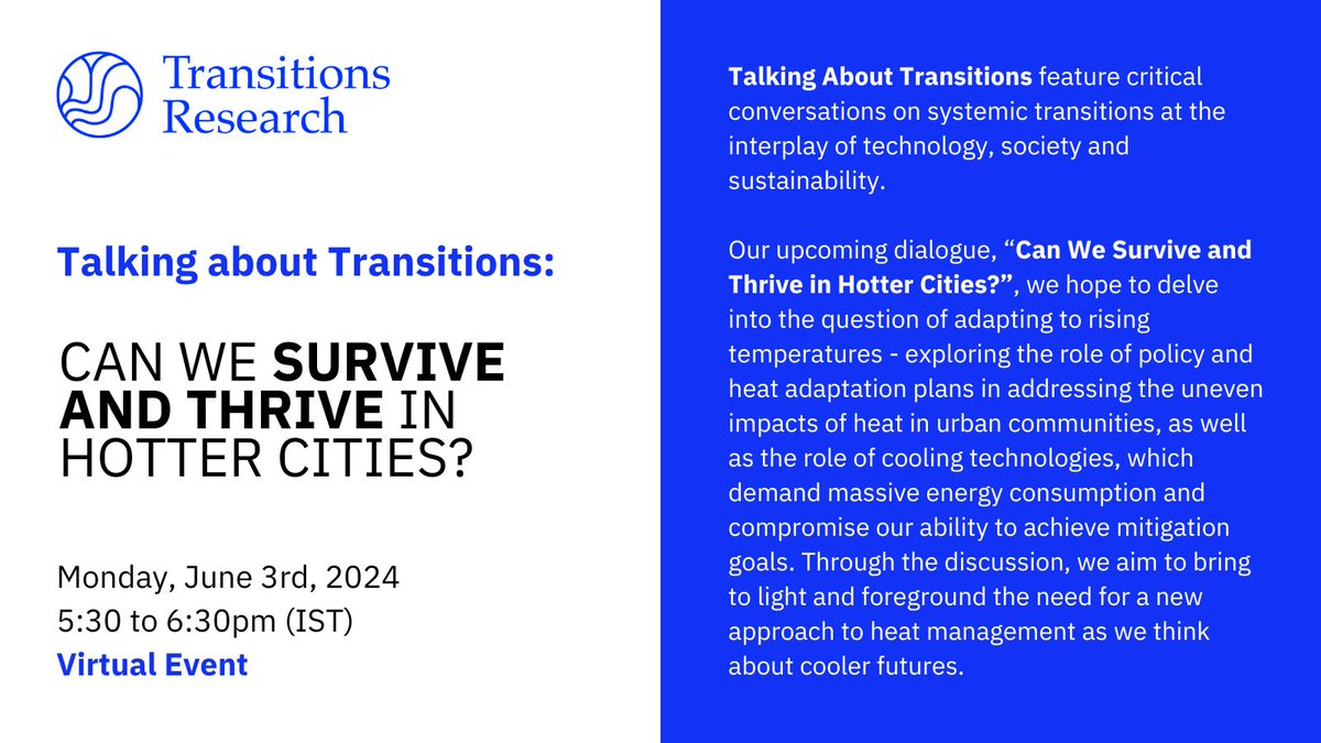 📢Our upcoming dialogue, 'Can We Survive and Thrive in Hotter Cities?' will be held on Monday, June 3rd, 2024 from 5:30PM IST where the aim is to foreground the need for a new approach to heat management as we think about cooler futures. Register: us06web.zoom.us/webinar/regist… (1/4)