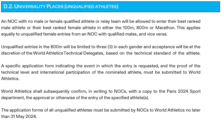 Here are the @WorldAthletics rules governing the entry of universality athletes into #Paris2024 (below). Looking at the #RoadtoParis list for the women's marathon there will be 96 entries: 88 by Q std, 8 universality, and none via ranking points. #Tokyo2020 had 88 starters.