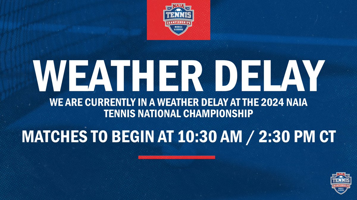 🎾| The 2024 #NAIATennis National Championships will begin with a slight weather delay. Men's matches will be pushed back an hour and a half and will begin at 10:30am CT and the women's championship will begin at approx 2:30 pm CT. #PlayNAIA
