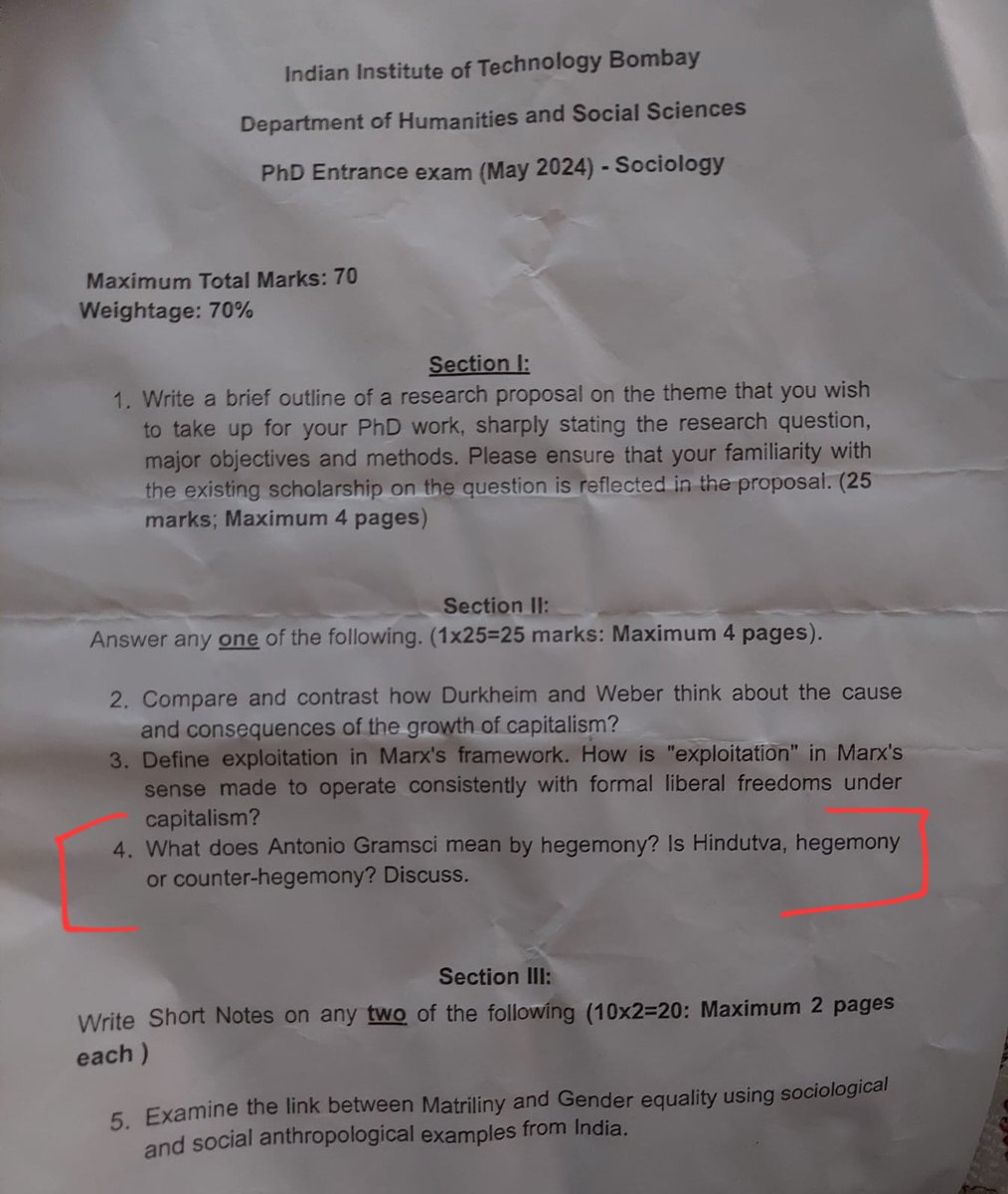 The Anti-Hindu Professors of Sociology from @iitbombay Department of Humanities and Social Sciences openly insulted Hinduism by labeling it a 'Hegemony.' The question in the Ph.D Entrance Exam in Sociology (Dt. 07.05.2024) was purposefully designed to identify candidates'…