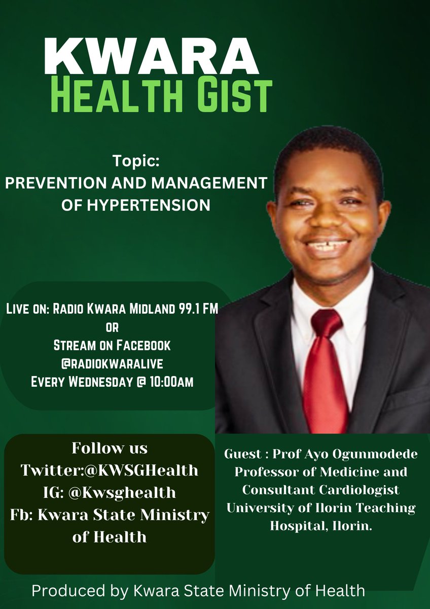 KwaraMoH's tweet image. Don’t miss tomorrow’s episode of our health informative programme ‘Kwara Health Gist’ on @radiokwaralive tomorrow.

Kindly See flyer for details 👇👇👇

#healthinformatiom #radioprogramme #healthforall #riskcommunication #hypertension #HeartHealth #kwara