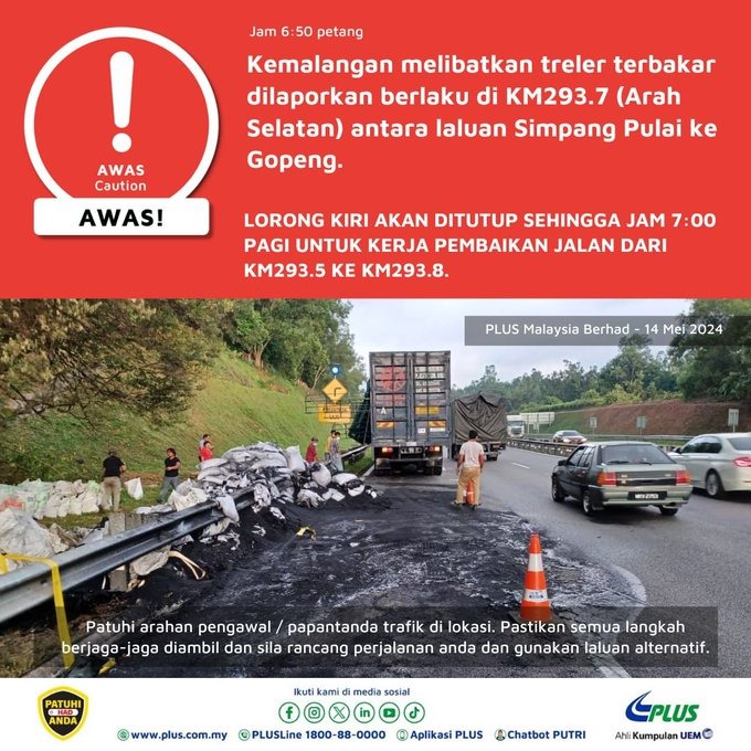 @MohKeIpoh Status terkini, lorong kiri masih ditutup sehingga jam 7:00 pagi untuk kerja pembaikian Jalan dari Km 293.5 sehingga Km 293.8. Trafik terkawal. Harap maklum.