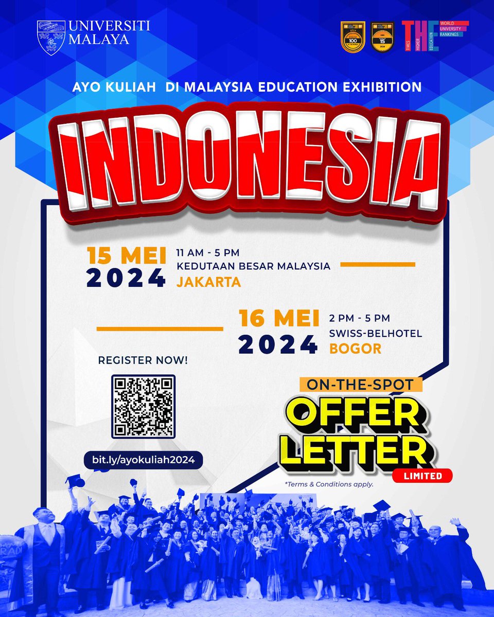 Attention Jakarta & Bogor - Indonesia! Universiti Malaya invites you to the Ayo Kuliah di Malaysia Education Fair 2024! Get an on-the-spot offer letter to Malaysia's No.1 University. Explore 200+ programs and join our October intake. Pre-register at bit.ly/ayokuliah2024