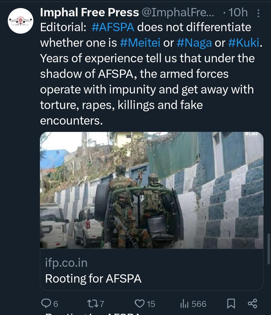 Lets agree for argument's sake that AFSPA is such a draconian act to be imposed on anyone, then why was it revoked specifically from Meitei dominated Imphal Valley?
And now we all see how freely Meitei militias like Arambai Tenggol, Meitei Leepun & UNLF-P operate in Imphal Valley