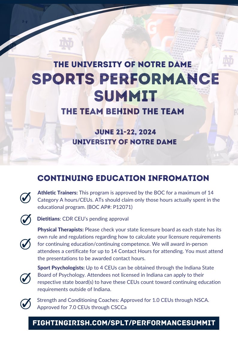 Don't miss out on the Sports Performance Summit - The Team Behind the Team - on June 21/22! Get insights from experts in athlete performance. CEU approved! Register ASAP, spots are going quick! fightingirish.com/splt/performan…
