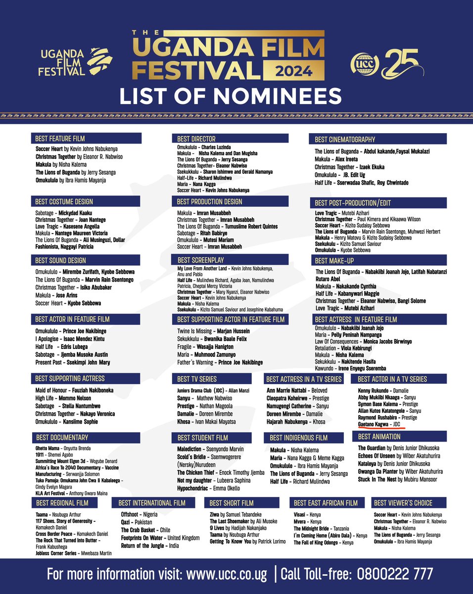 I am so honoured to have my name alongside so many talented individuals in the Ugandan film industry. The updated Nomination list for The Uganda Film Festival has #JDC getting another nomination for BEST ACTOR. #UFF2024 @jdctvseries @UgandaFilm @UCC_ED @UCC_Official