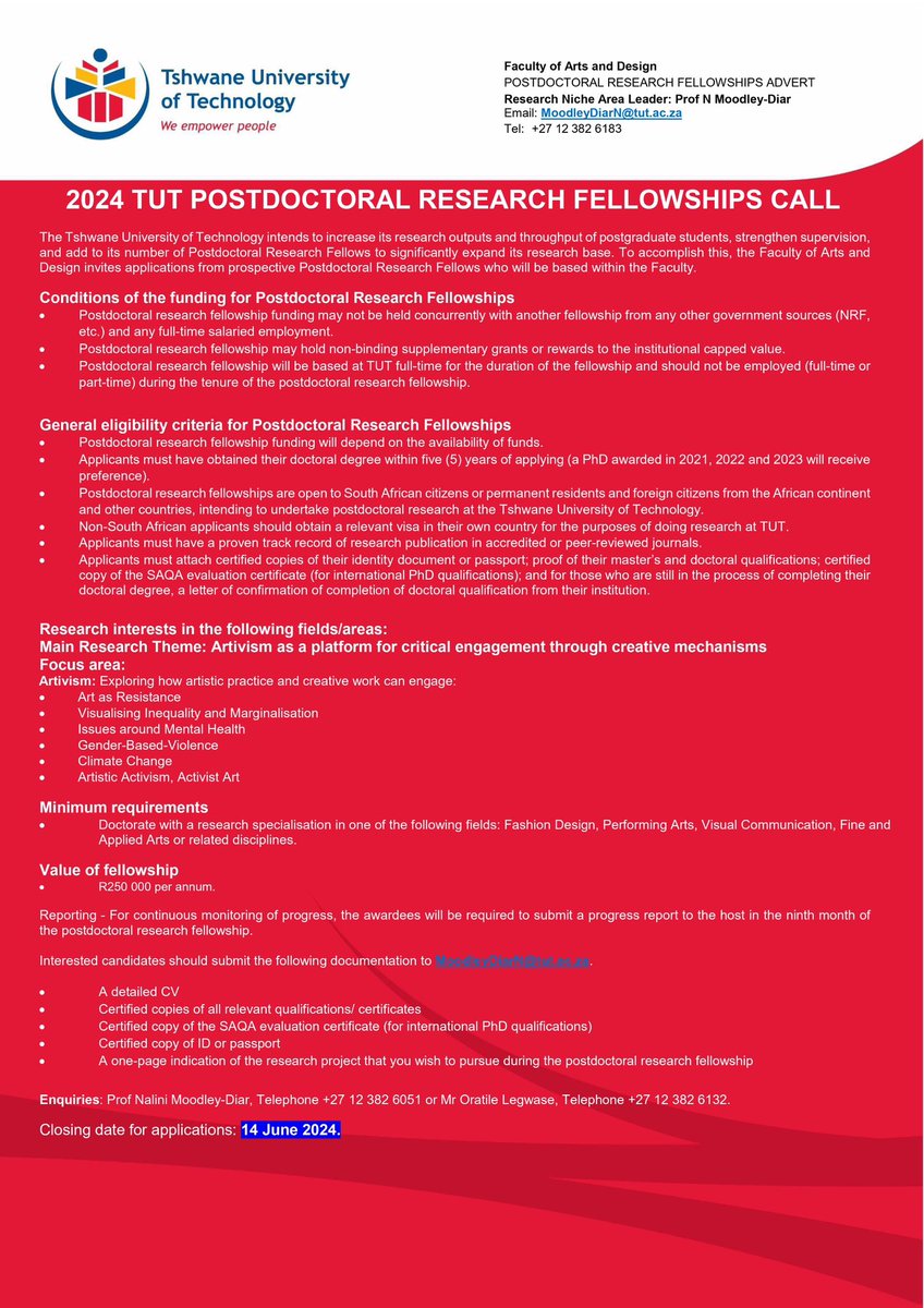 Hey TUT Fam Apply now for the 2024 TUT Postdoctoral Research Fellowships in the Faculty of Arts and Design! Research focus:Artivism, Art as Resistance,Visualising Inequality, Mental Health, Gender-Based-Violence&Climate Change -Eligibility: PhD holders -Deadline: 14 June 2024