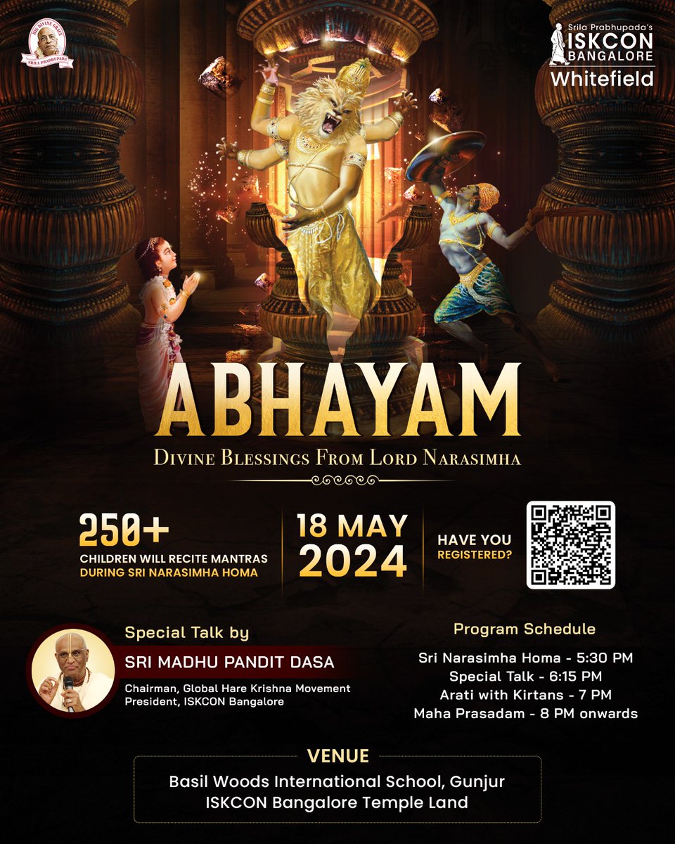 ISKCON Bangalore is organising Abhayam, an event to seek divine blessings from Lord Narasimha. On May 18th, over 250 children will chant Narasimha prayers while performing an elaborate Narasimha Homa at the temple land located at Basil Woods International School in Gunjur. We
