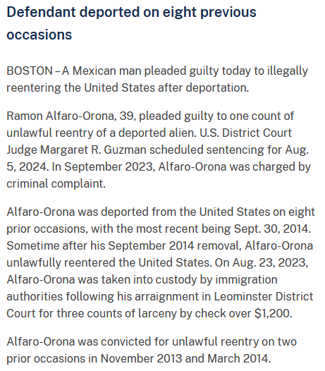 Worcester County, MA: 'On Aug. 23, 2023, Alfaro-Orona was taken into custody by immigration authorities following his arraignment in Leominster District Court for three counts of larceny by check over $1,200.'