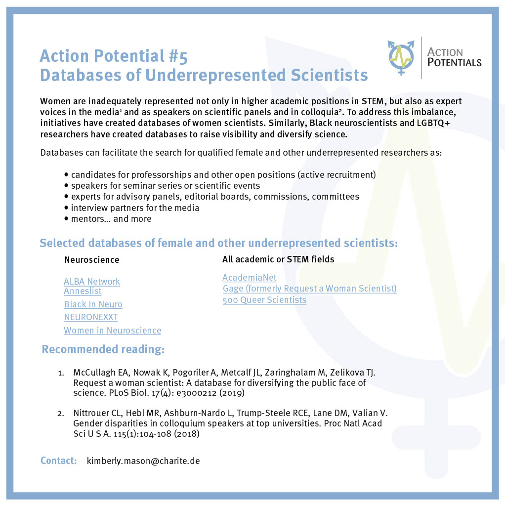 “Action Potentials” series: This week we’re highlighting *Action Potential #5* with databases of underrepresented #scientists to help #researchers find #diverse candidates for open positions, seminar series, media interviews & more! #Diversity #Inclusion shorturl.at/eimK7
