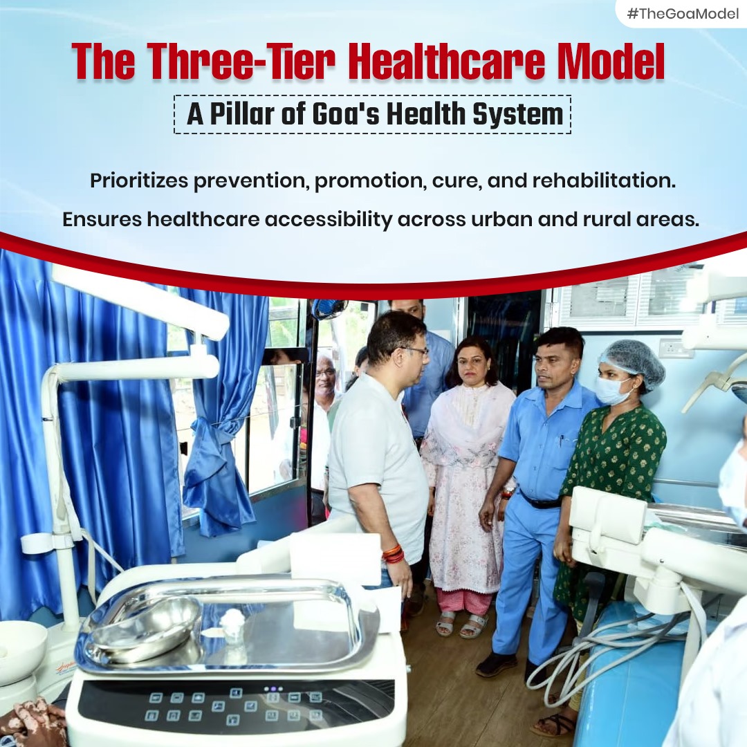 Goa's three-tier healthcare model prioritizes prevention, cure, and rehabilitation, ensuring accessible and efficient healthcare services for all. A role model for broad public health strategies! #GoaHealthcare #PublicHealth #PreventionFirst #HealthcareForAll #HealthAndWellness