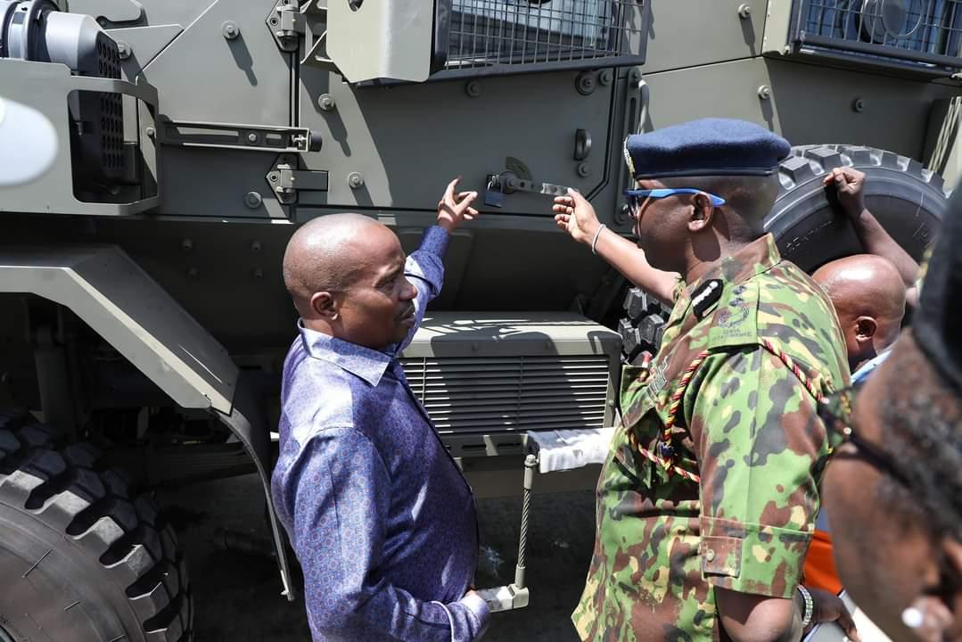 CS Kindiki Kithure receives new security equipment, 10 armoured personnel carriers, at Mombasa port.