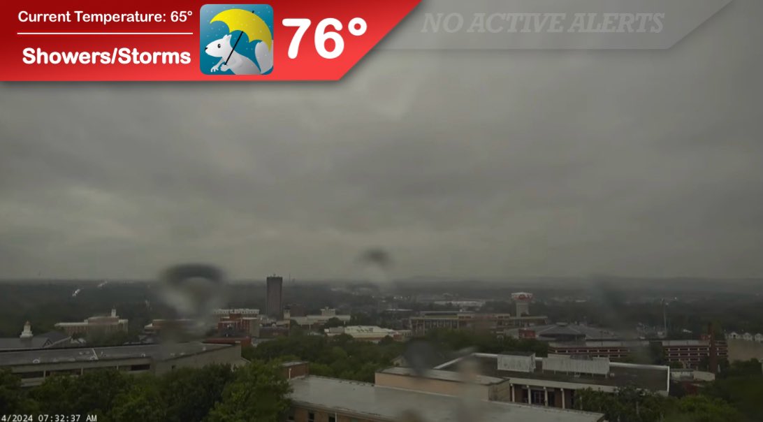 Wet weather rings in Tuesday on the Hill here at #WKU as scattered showers and storms move in from the west. Moderate rainfall and the occasional rumble of thunder will persist through this evening, but no severe hazards are expected. Remember that rain jacket!