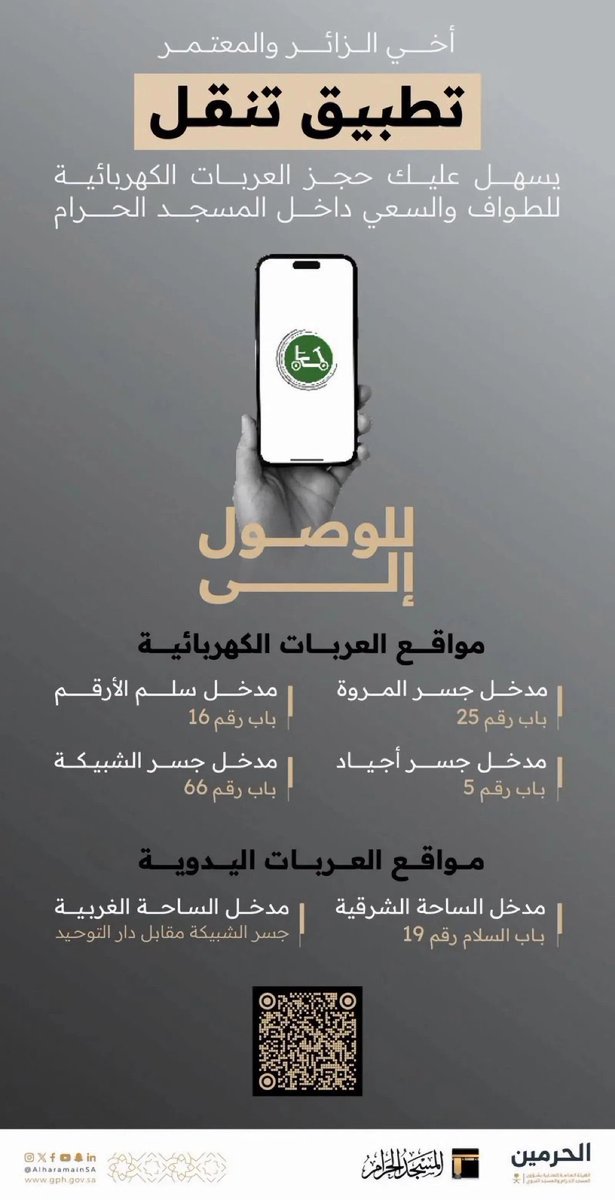 #شؤون_الحرمين تطلق تطبيق #تنقل لخدمة #ضيوف_الرحمن في حجز العربات الكهربائية للطواف والسعي داخل #المسجد_الحرام. 

#مكه_الان 

@AlharamainSA