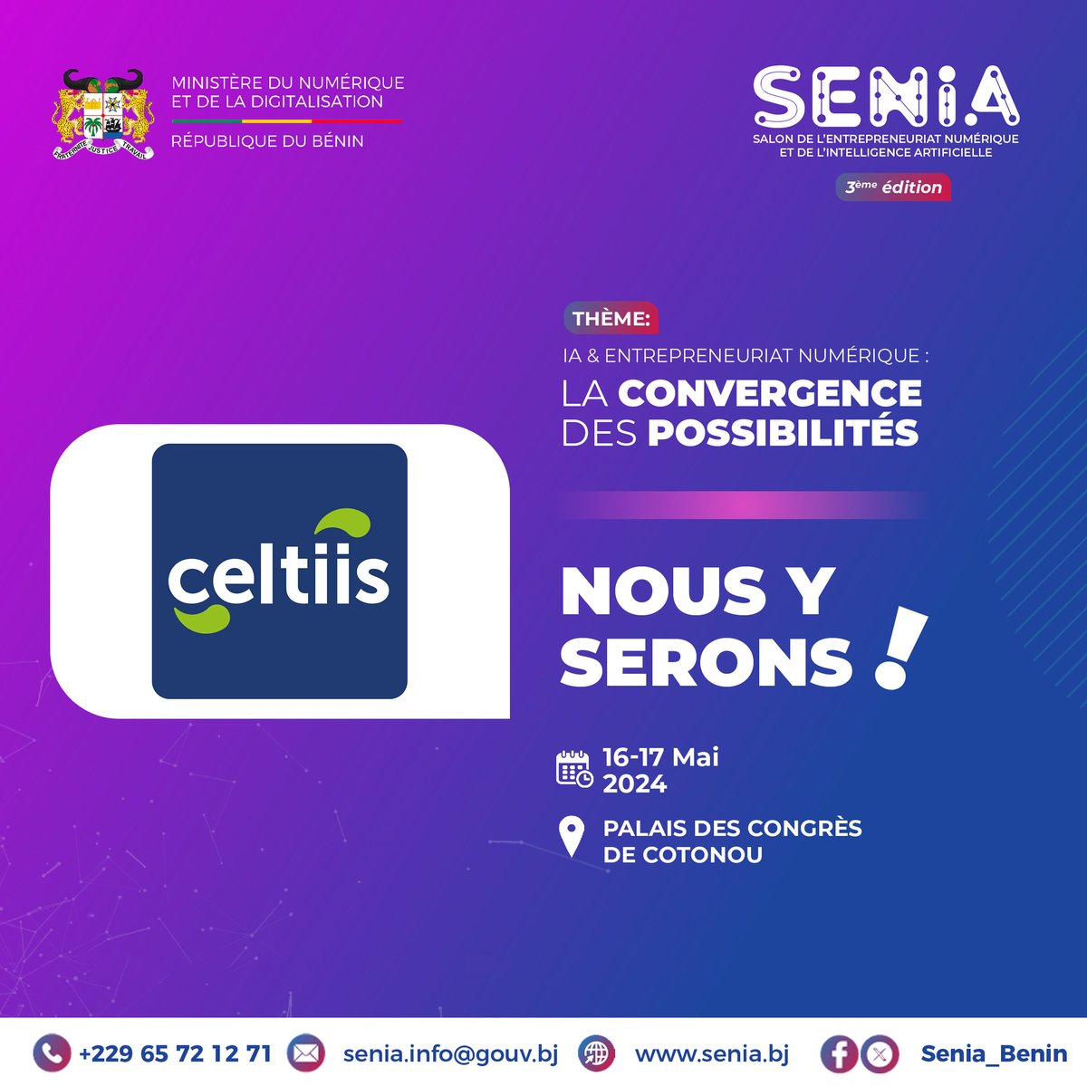 #Celtiis sera présent à la troisième édition du Salon de l'Entrepreneuriat Numérique et de l'Intelligence Artificielle (SENIA) les 16 et 17 mai prochain. ▶️Rejoignez-nous au Palais des Congrès de Cotonou pour découvrir nos offres innovantes. #SENIA2024