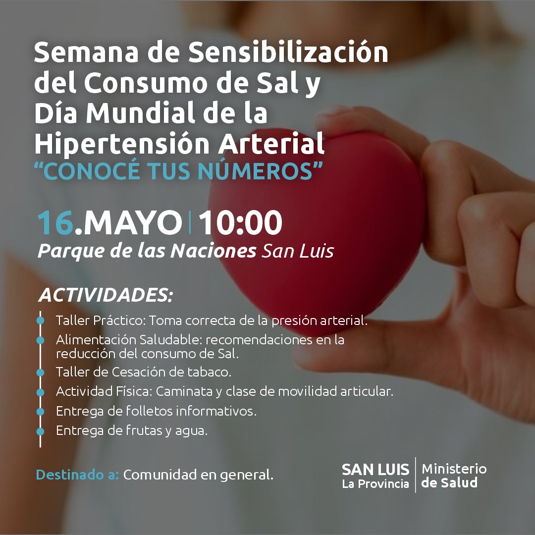 Lo esperamos este jueves en el Parque de las Naciones para compartir una jornada de concientización con charlas y talleres sobre prevención de enfermedades cardiovasculares, consumo de sal e hipertensión arterial. 🫀