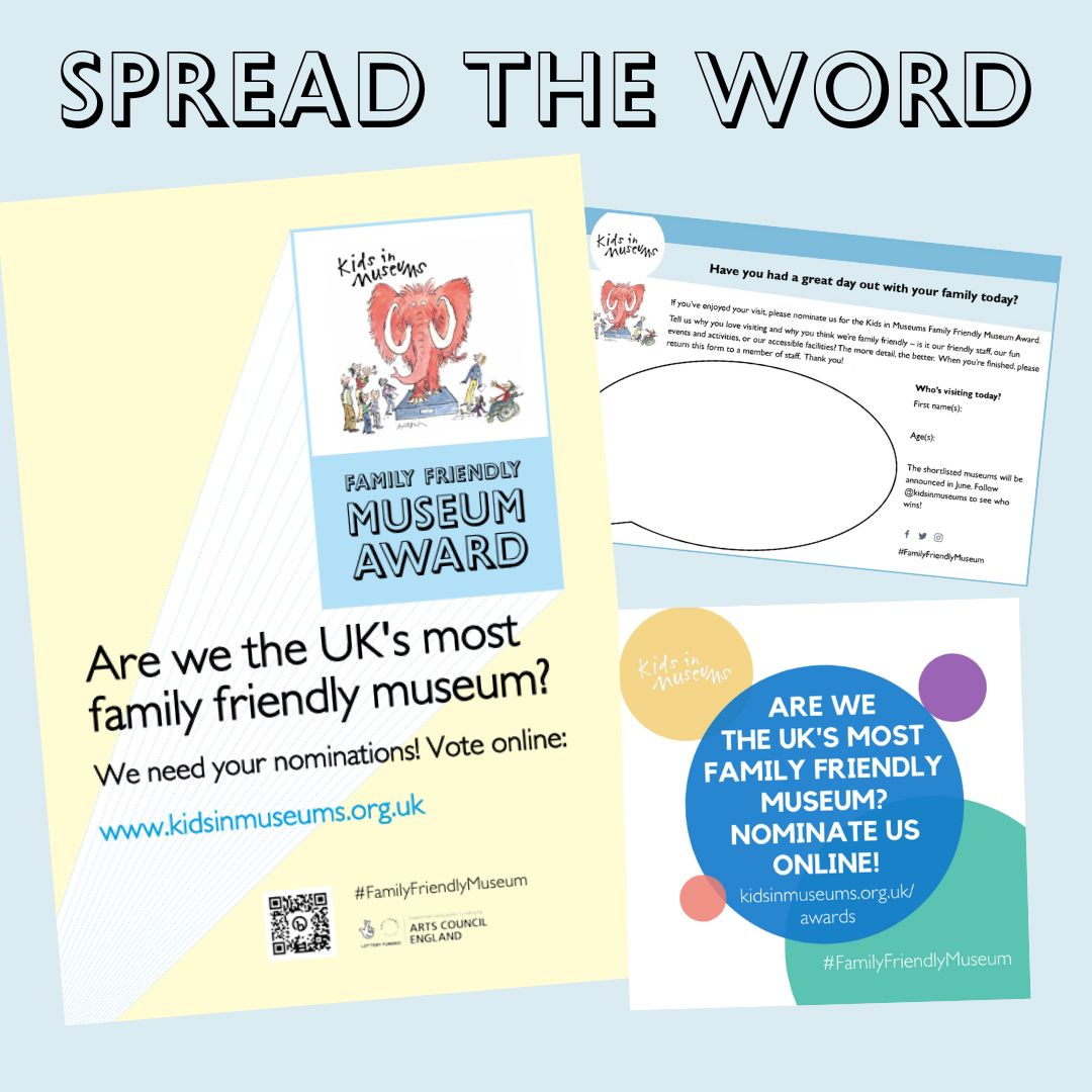 CALLING ALL MUSEUMS 📣 📅 With just three weeks left until applications for the #FamilyFriendlyMuseum Award close, we've created some promotional material to help families visiting your venue to nominate you! Download them here ⬇️ kidsinmuseums.org.uk/what-we-do/fam…