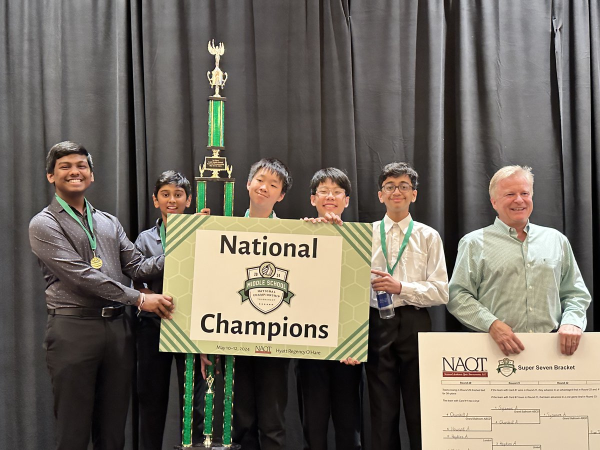 Congrats to River Trail MS for winning the 2024 National Academic Quiz Tournament Middle School National Championship! More than 160 qualifying teams from 114 schools across the U.S. competed for the championship title, and River Trail won both final rounds. .@pinnock_neil