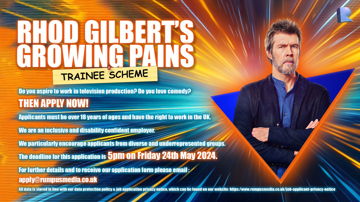 The lovely folk @RumpusMedia & @ComedyCentralUK are running a trainee scheme on the next series of #RhodGilbert's #GrowingPains If you aspire to work in television production and love comedy, this could be your opportunity!