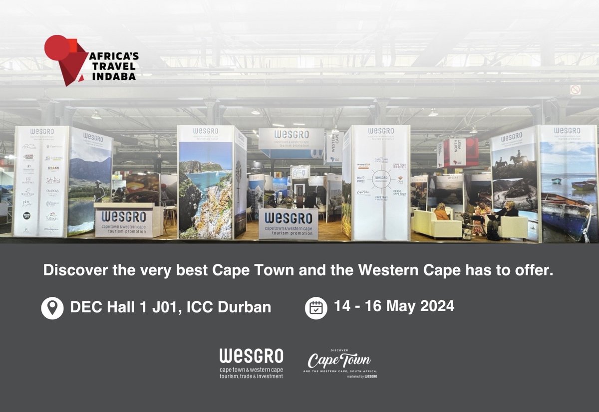 📢Discover Cape Town and the Western Cape 

#TravelIndaba24, one of the largest tourism marketing exhibitions, is taking place this week in Durban. Visit the Wesgro stand:
🗓️: 14-16 May 2024
📍: DEC Hall 1 J01, Durban ICC

#ATI2024 #VisitSouthAfrica #DiscoverCTWC  #CapeConfidence