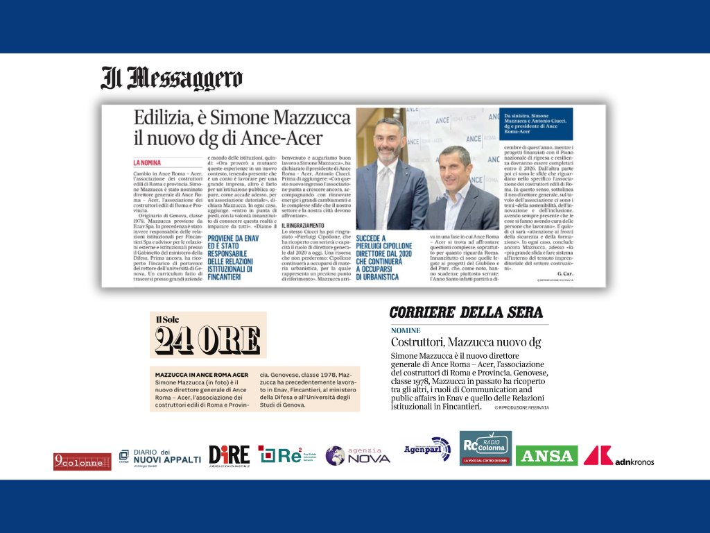 🔵 “Entro in punta di piedi, con la volontà innanzitutto di conoscere questa realtà e imparare da tutti”. Il neo direttore generale #AnceRoma – ACER, Simone Mazzucca, si presenta in un’intervista al <a href="/ilmessaggeroit/">Il Messaggero</a> 

Tutte le uscite stampa sul nostro sito
acerweb.it/simone-mazzucc…