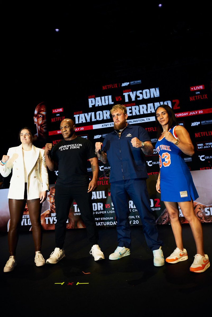 MikeTyson's tweet image. “Press conference at @apollotheater with @jakepaul and co-main @KatieTaylor and @serranosisters. This fight isn’t scripted as some haters in boxing community want you to believe. This is a sanctioned fight and I’m knocking Jake out.”

#paultyson #taylorserrano