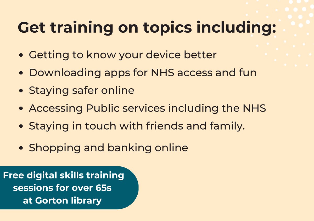 Upcoming digital offer for 65+ at @MancLibraries, Gorton Library in partnership with @AbilityNet on Mondays, 10:00-11:30 am. See attached poster for further details. @CllrJulieReid @JohnHughes55 @SouthwayHousing @MCCWorkSkills